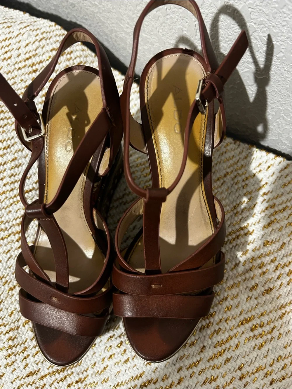 Aldo Brown Leather Platform T-Strap Sandals